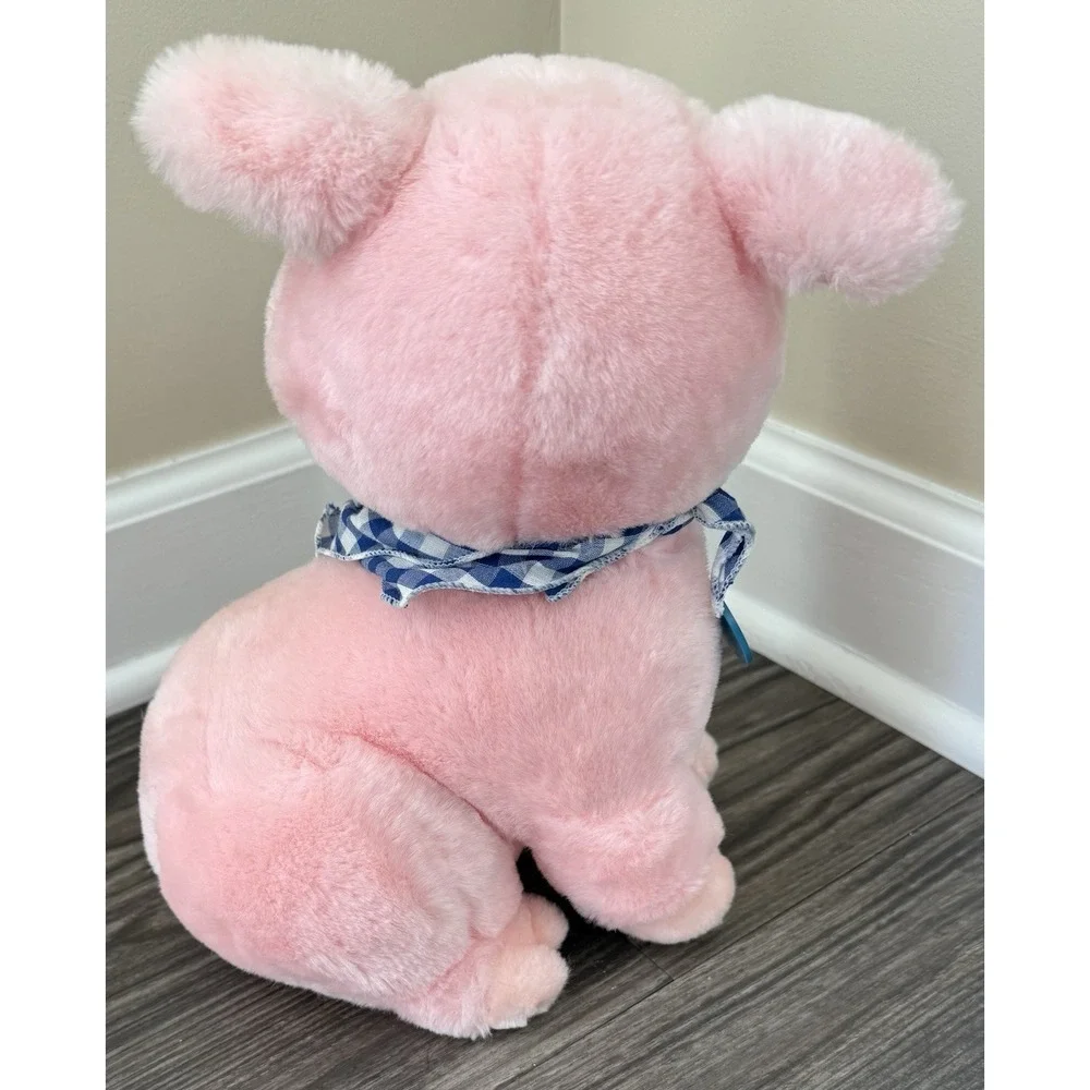Vintage‎ 1986 Dakin Plush Pink Pig Sitting Stuffed Animal Blue Checkered Bandana